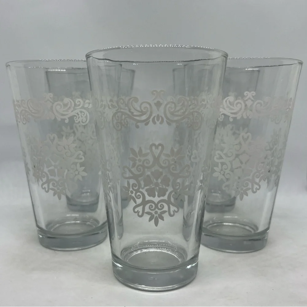 Vintage Set Of 5 Libbey MCM White Medallion Scroll 16oz Glasses
